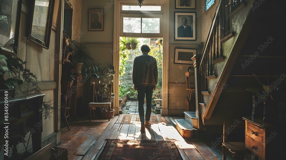 Man in doorway looking out at garden Man in doorway looking out at garden