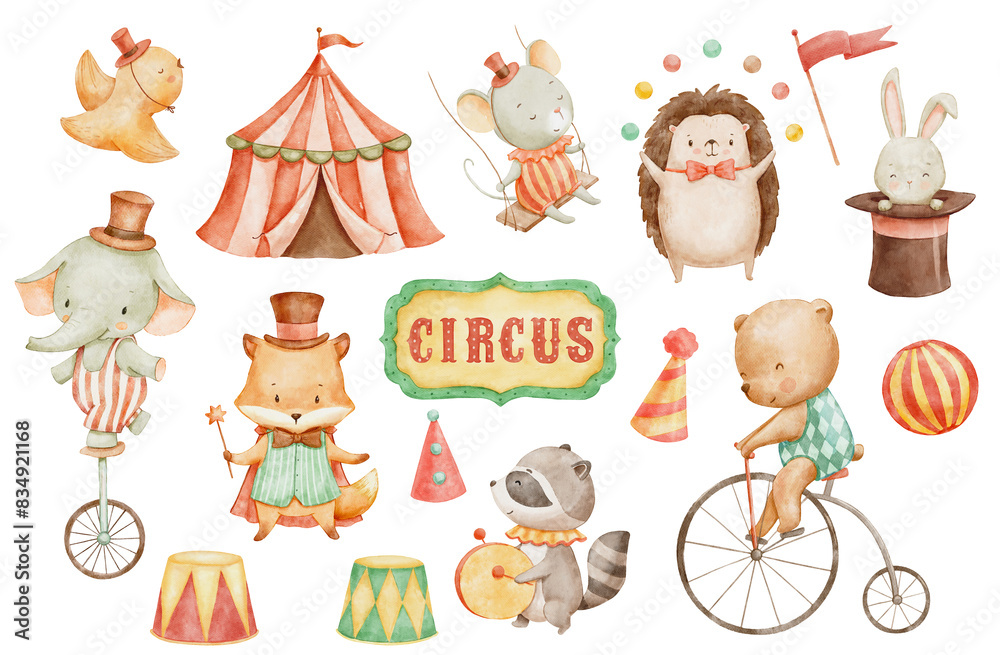 Watercolor circus cute animals, hand drawn illustrations set for nursery and kids. Woodland baby characters - elephant, bear on bike and bunny in magic hat Watercolor circus cute animals, hand drawn illustrations set for nursery and kids. Woodland baby characters - elephant, bear on bike and bunny in magic hat
