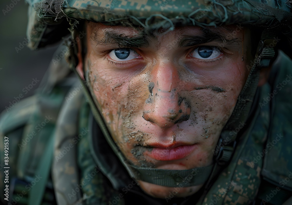 Portrait of a young soldier with blue eyes and a dirty face