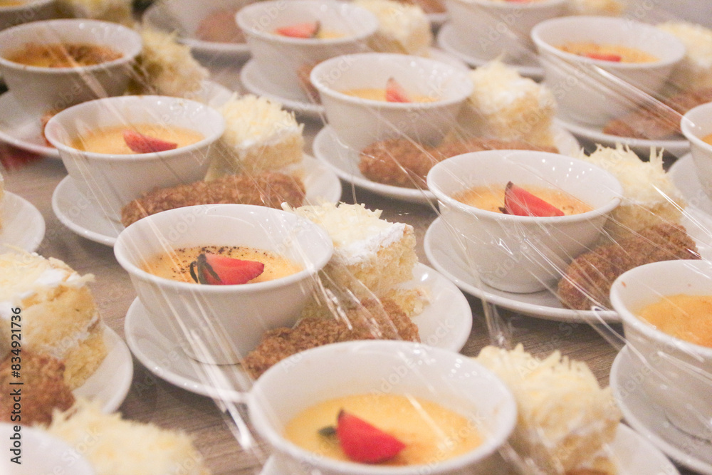 A simple breakfast of cheese sponge cake, crispy fried bananas and Creme brulee with caramel crust, a simple but very delicious dessert A simple breakfast of cheese sponge cake, crispy fried bananas and Creme brulee with caramel crust, a simple but very delicious dessert