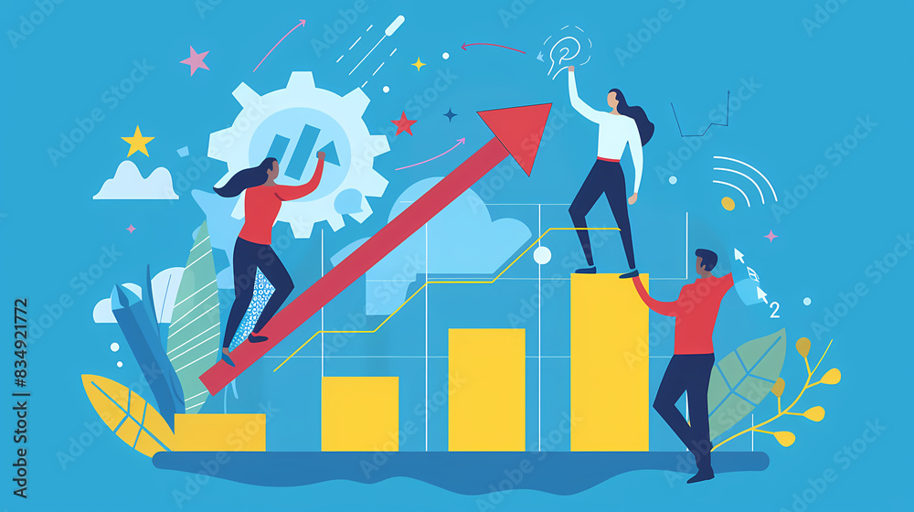 Fototapeta premium Minimalist flat design showing three individuals ascending a ladder, representing collaborative business success