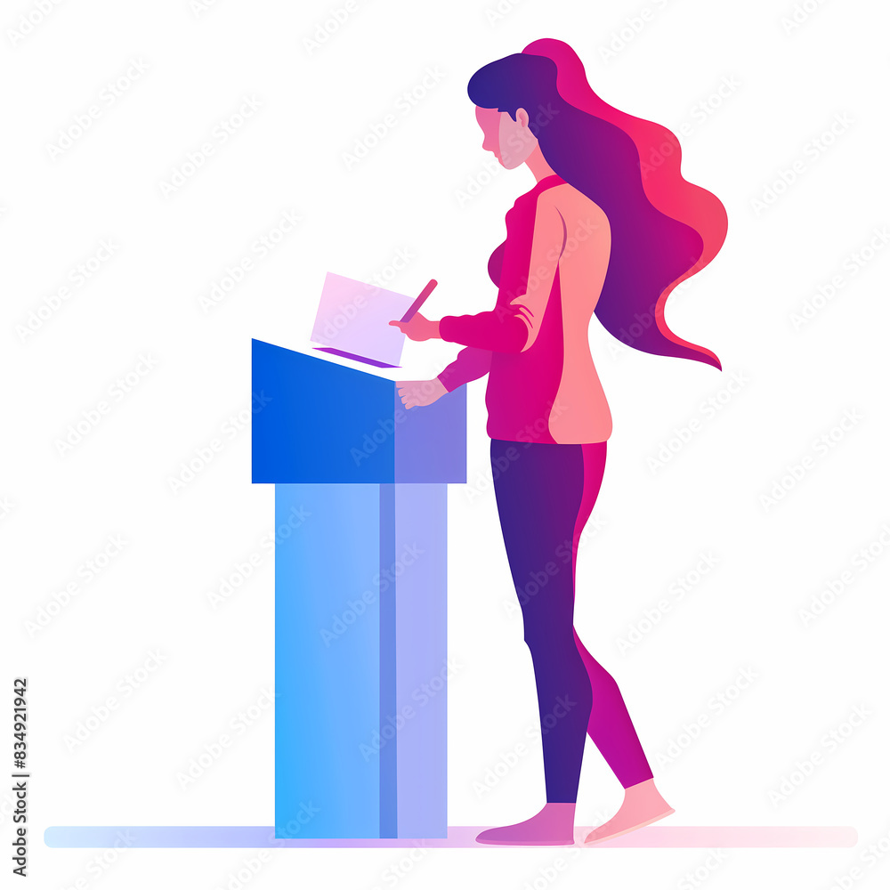 Simple flat illustration of a woman participating in voting, with blue and red color scheme Simple flat illustration of a woman participating in voting, with blue and red color scheme