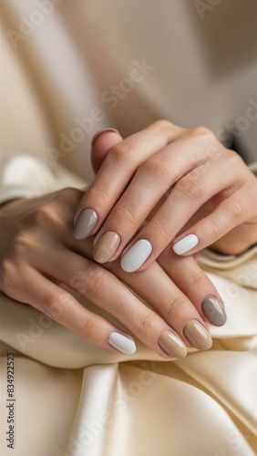 Women s hands show off a sophisticated manicure in neutral tones on a soft silk background. self care concept