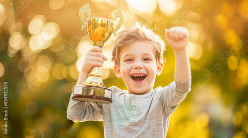 Little boy celebrates victory holding his golden trophy outdoors at sunset. Happy boy 5 years old with golden winning cup. Success, young winner, champion, child prodigy, sport, education, prize cup photo