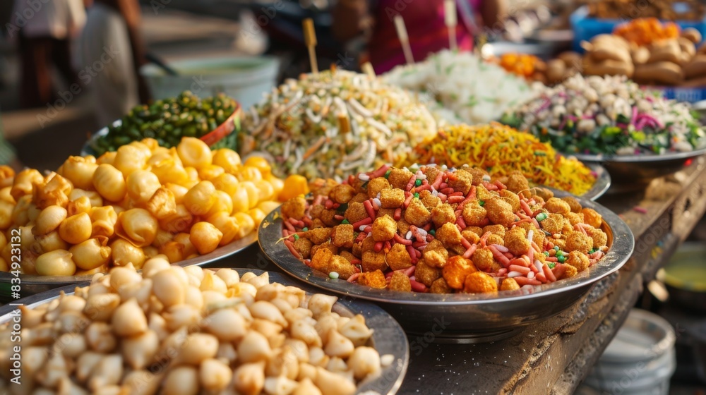 A platter of Indian snacks including pani puri, bhel puri, and sev puri, set in a lively street market setting.