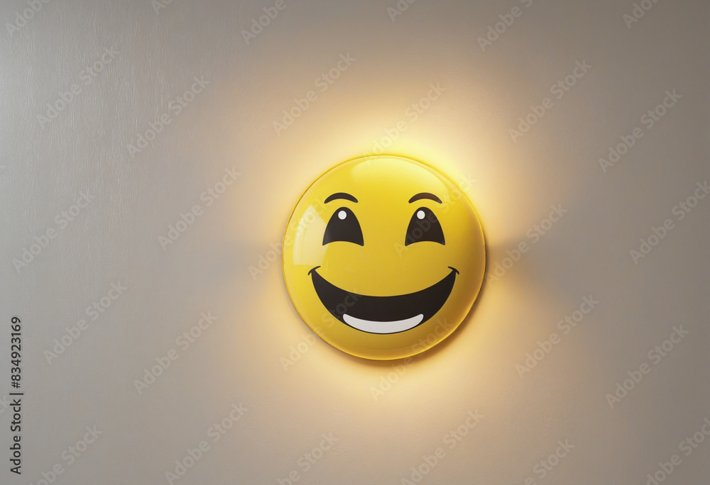 Yellow Smiley Face Icon Shining on Wall and Floor in 3D Studio Illustration Yellow Smiley Face Icon Shining on Wall and Floor in 3D Studio Illustration