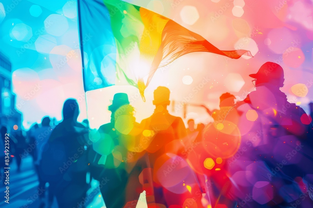 Vibrant crowd silhouette with a rainbow flag at a lively outdoor event, enhanced with colorful bokeh for a festive atmosphere. Vibrant crowd silhouette with a rainbow flag at a lively outdoor event, enhanced with colorful bokeh for a festive atmosphere.