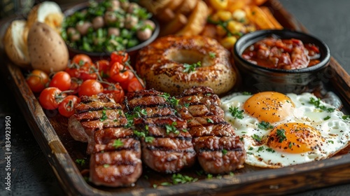 A delicious and hearty breakfast of steak  eggs  potatoes  and vegetables. The perfect way to start your day 