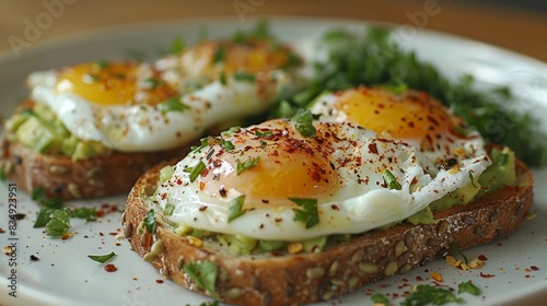 A delicious breakfast of avocado toast with perfectly cooked eggs and a sprinkle of red pepper flakes and parsley.