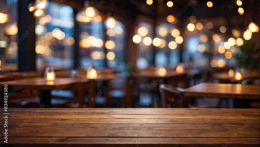 Empty wooden table top with lights bokeh on blur restaurant background. Empty wooden table top with lights bokeh on blur restaurant background.