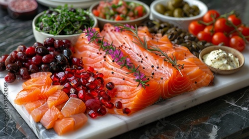 Smoked salmon with various toppings such as cream cheese, capers, onions, and pomegranate seeds.