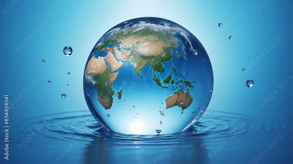 Obraz premium World environment day, the earth is in a water droplet on a blue background with water droplets, emphasizing the planet's continents and oceans