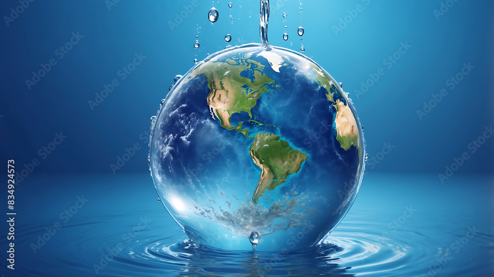 World environment day, the earth is in a water droplet on a blue background with water droplets, emphasizing the planet's continents and oceans