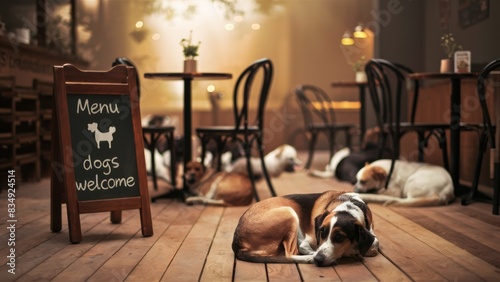 A group of dogs are laying on cafe's or restaurant's floor in front of a sign dogs welcome, AI
