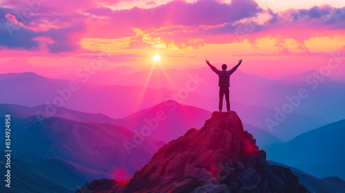 A person standing on a mountain peak at sunrise, arms raised in victory against a vibrant sky, conveying a concept of achievement. Generative AI