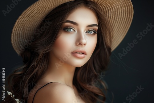 Fashion photo of young magnificent woman in hat. Girl posing. Studio photo. Perfect Makeup
