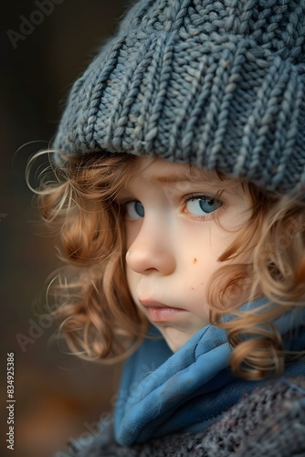 Portrait of a sad looking child wearing a gray knitted hat