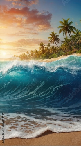 Enjoy every moment. Wave of ocean on the sandy beach. Nature background. Modern screen design for mobile app and web. Summer vector illustration.