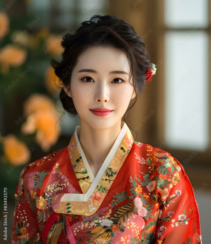 Portrait of a young Korean woman in traditional Korean dress, or Hanbok Portrait of a young Korean woman in traditional Korean dress, or Hanbok