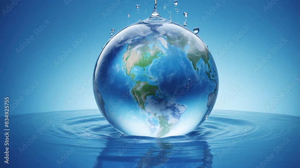 World environment day, the earth is in a water droplet on a blue background with water droplets, emphasizing the planet's continents and oceans World environment day, the earth is in a water droplet on a blue background with water droplets, emphasizing the planet's continents and oceans