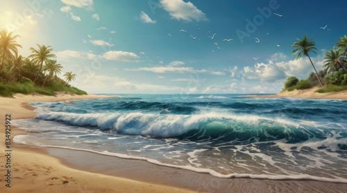 Enjoy every moment. Wave of ocean on the sandy beach. Nature background. Modern screen design for mobile app and web. Summer vector illustration.