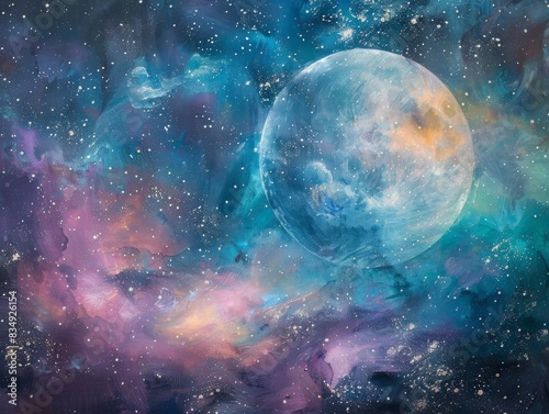 The image is a beautiful painting of a blue moon