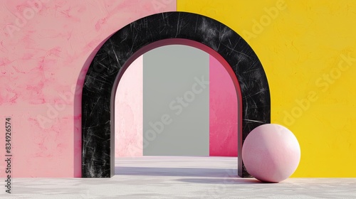 A minimalist architectural scene featuring a black marble archway with a pink and yellow wall in the background. A pink sphere is placed near the archway on a light gray floor