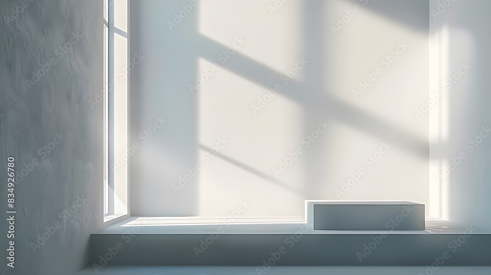 Empty simple background for presentation with wall and podium. Sunlight from the window casts a shadow on light wall. Empty simple background for presentation with wall and podium. Sunlight from the window casts a shadow on light wall.