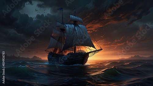 sailing ship at sunset