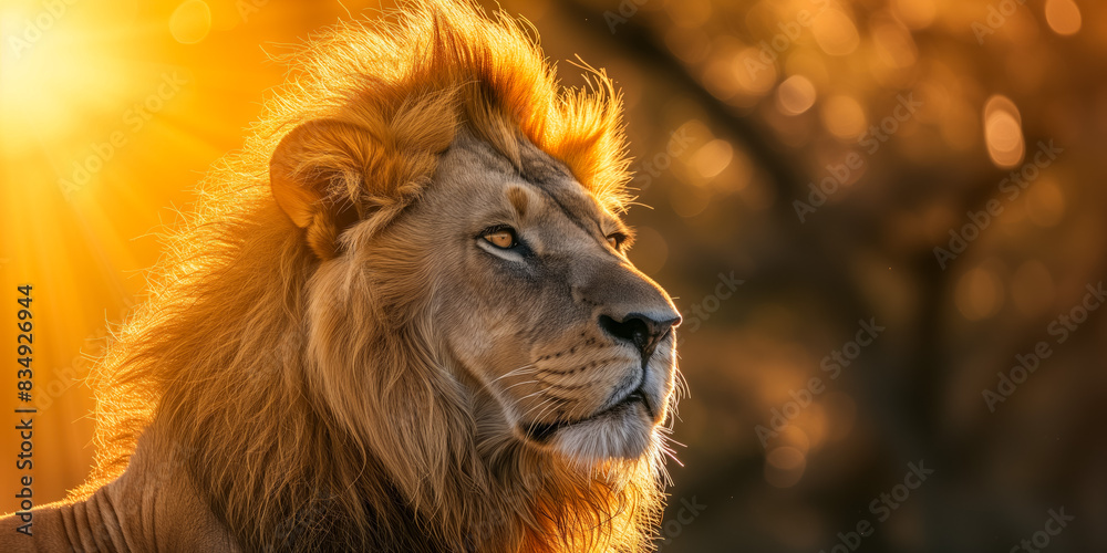 Fototapeta premium Majestic lion basking in golden sunlight at sunset