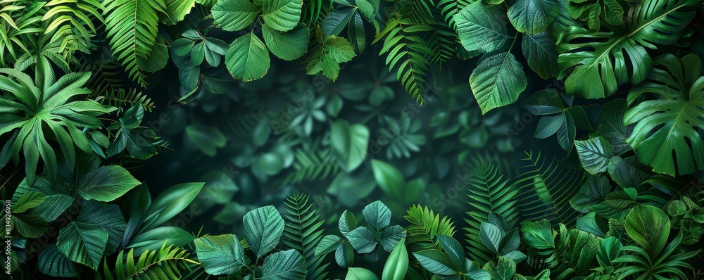 Fototapeta premium Lush tropical leaves frame a serene green background in nature