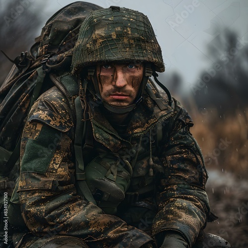 Portrait of a soldier in the rain