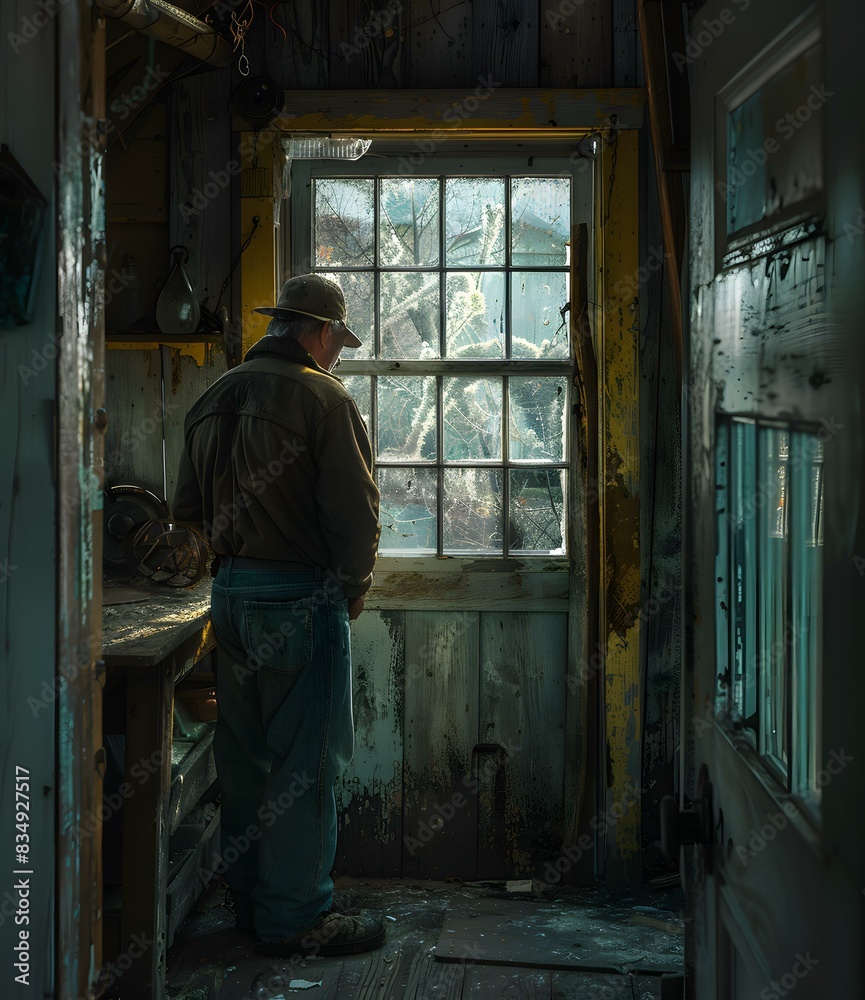 Man Looking Through Window In Old Wooden Building Man Looking Through Window In Old Wooden Building