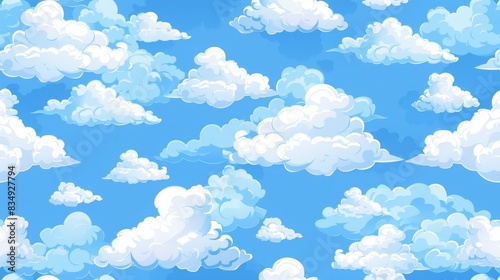 pattern of fluffy cartoon clouds on a bright blue sky background, perfect for children's illustrations and whimsical designs.