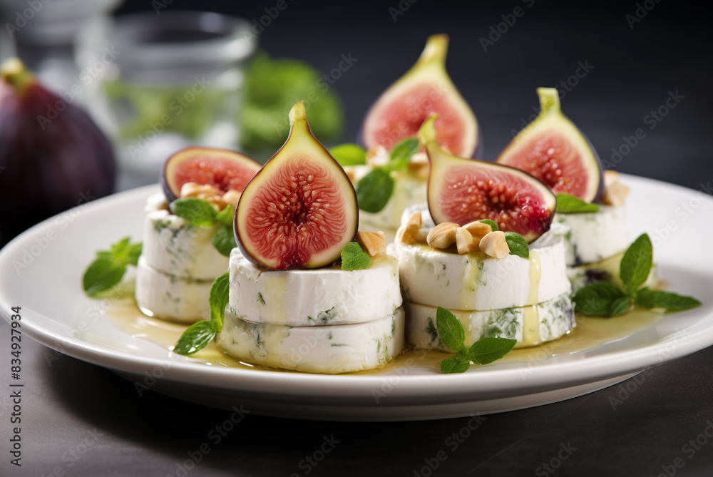 Appetizing plate of fresh figs with creamy goat cheese, garnished with herbs and nuts. A perfect summer appetizer for gourmet dining. Appetizing plate of fresh figs with creamy goat cheese, garnished with herbs and nuts. A perfect summer appetizer for gourmet dining.