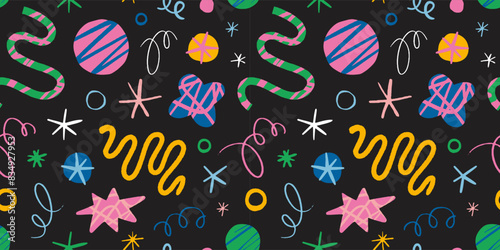 Seamless pattern with Hand drawn various scribbles, doodles, curls, lines, circles and stars. Abstract art, shapes with textured effect. Trendy modern vector illustration on black background