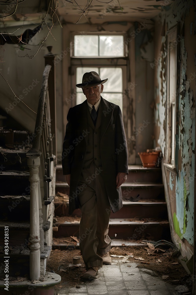 A man wearing a hat and holding a cane walks down a dilapidated staircase A man wearing a hat and holding a cane walks down a dilapidated staircase