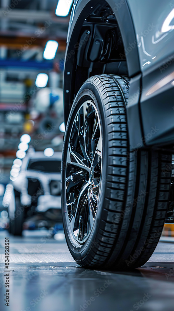 Close-up view of an electric vehicle's wheel, showcasing its modern rim design. Close-up view of an electric vehicle's wheel, showcasing its modern rim design.