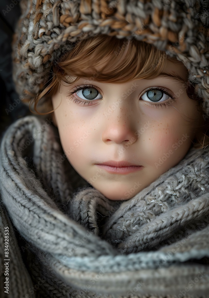 A red-haired girl wearing a gray scarf and hat A red-haired girl wearing a gray scarf and hat