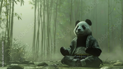 3D cartoon character of a panda doing meditation in bamboo forest. photo