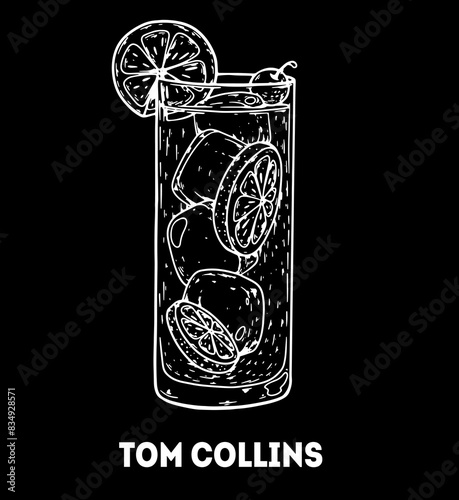 Tom Collins cocktail illustration. Hand drawn sketch. Vector illustration. Isolated object.
