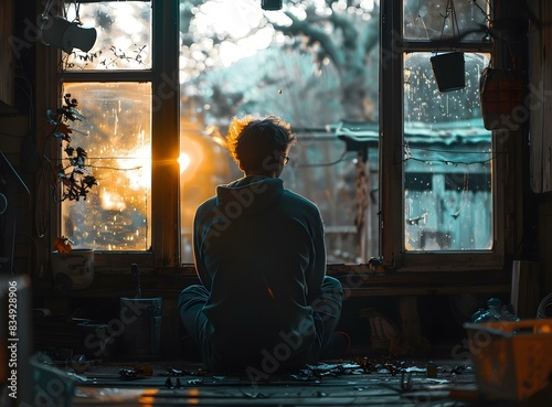 A person is sitting in front of the window, watching the sunset © Adobe Contributor