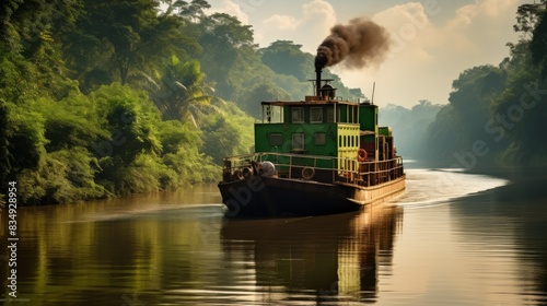 Old-Fashioned Riverboat Navigating Through A Lush Tropical Rainforest. Generative AI photo
