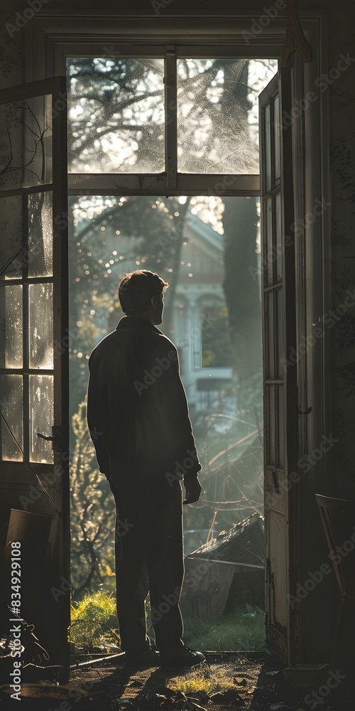 Silhouette of a Man Looking Out of a Window in a Run Down Building Silhouette of a Man Looking Out of a Window in a Run Down Building