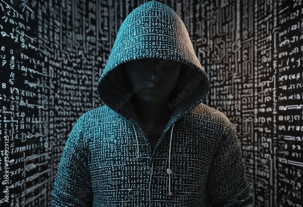 A modern take on digital data protection with a mysterious hooded silhouette, binary code, and abstract programming layers A modern take on digital data protection with a mysterious hooded silhouette, binary code, and abstract programming layers