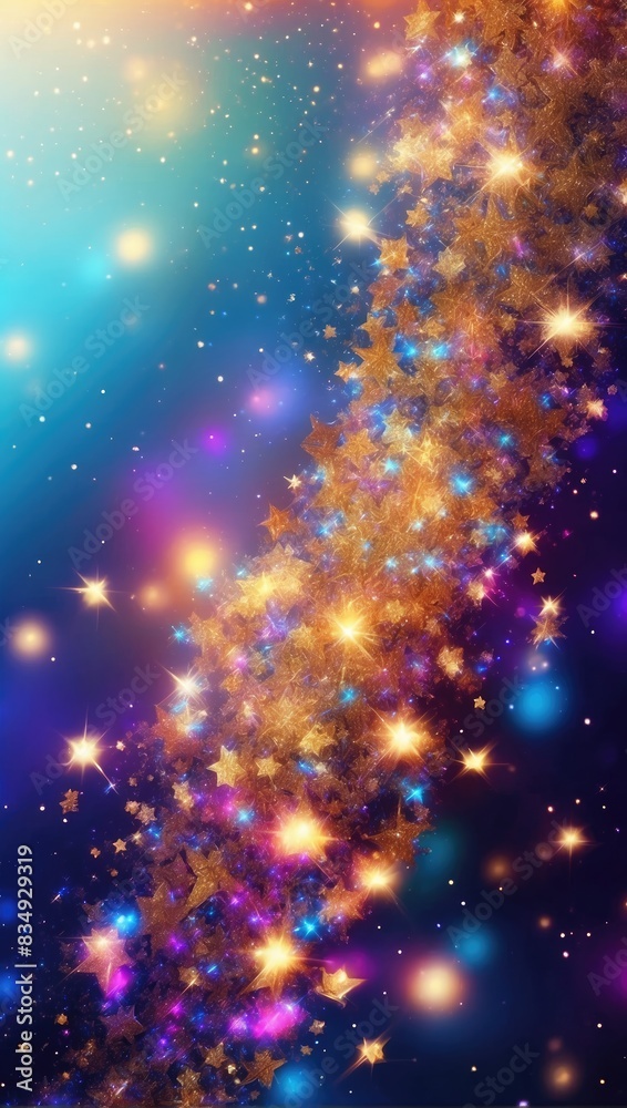 Glittering gradient background with hologram effect and magic lights. Holographic abstract fantasy backdrop with fairy sparkles, gold stars and festive blurs. . Glittering gradient background with hologram effect and magic lights. Holographic abstract fantasy backdrop with fairy sparkles, gold stars and festive blurs. .