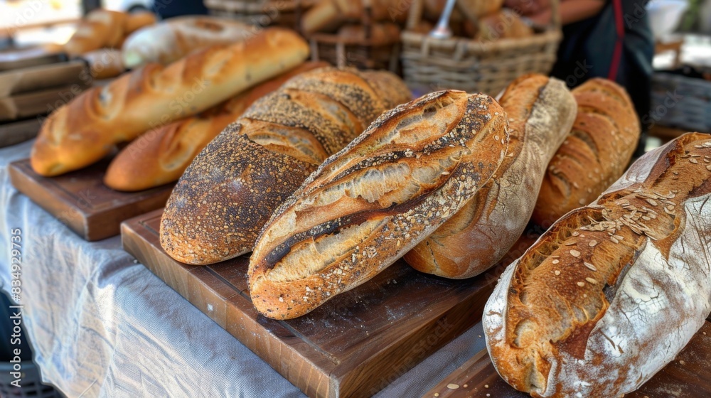 A tempting display of artisanal bread loaves, including sourdough, baguettes, and seeded whole wheat, arranged on a wooden bread board at a farmers market. A tempting display of artisanal bread loaves, including sourdough, baguettes, and seeded whole wheat, arranged on a wooden bread board at a farmers market.