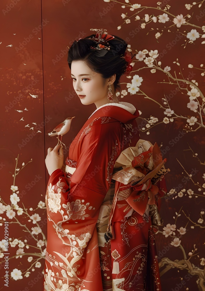 A woman wearing a red kimono with a bird in her hand A woman wearing a red kimono with a bird in her hand