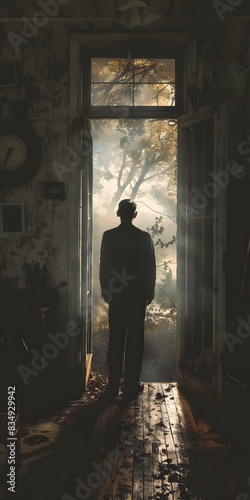 A Man Standing in a Dark Room Looking Out at a Bright Forest © Adobe Contributor