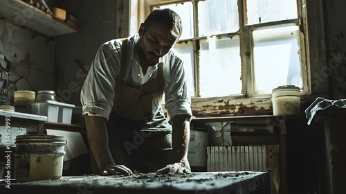 Focused male worker in apron working with clay in pottery studio